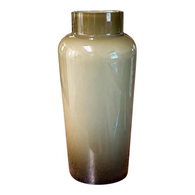 Olive Green Cased Art Glass Vase With White Interior, Mid-Century Modern Style, 12” For Sale