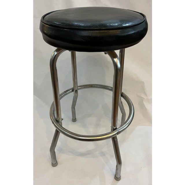 Metal 1970s Vintage Black Vinyl Seat & Chrome Base Bar Stool For Sale - Image 7 of 7