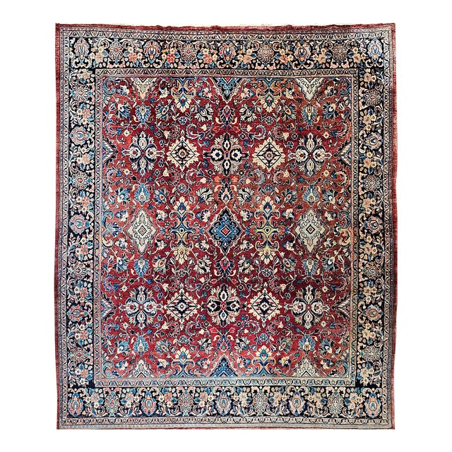 Vintage Persian Mahal Sultanabad Rug, Hand-Knotted Wool, Geometric Pattern, Red & Blue, 9x13 For Sale