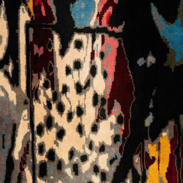 Rug, or tapestry, after the work of Jean-Michel Basquiat entitled “Notary” and dated 1985. Hand-knotted and in Merino...