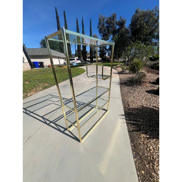 Vintage Mid Century Modern Postmodern Brass Gold Etagere 5 Shelf Bookcase Wall Unit Display Case For Sale - Image 11 of 12