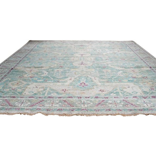 9x12 Green Hand-Knotted Silk Faded Turquoise Medallions Tribal Modern Carpet Rug For Sale In New York - Image 6 of 7