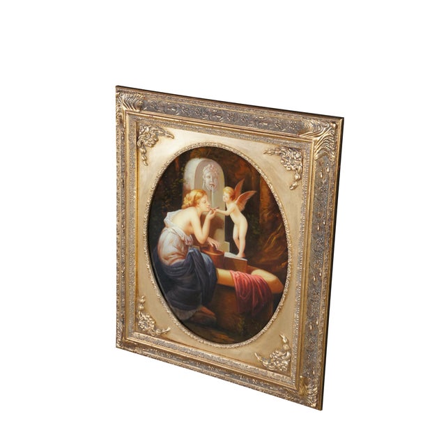 Vintage classical oil painting titled At The Fountain (aka Angel of love and À la Fontaine), after the famous French...