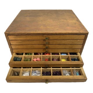 1980s Vintage Wooden Plywood Storage Button Box With 6 Divided Drawers For Sale
