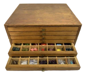 1980s Vintage Wooden Plywood Storage Button Box With 6 Divided Drawers