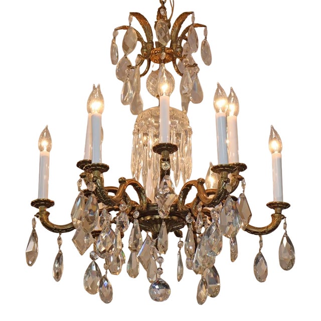 1950's Hollywood Regency French Style Brass & Crystal 12 Light Chandelier For Sale