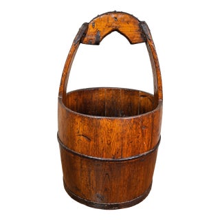 Antique Late 19th Century Wooden Well Water Bucket with Wrought Iron Hoops For Sale