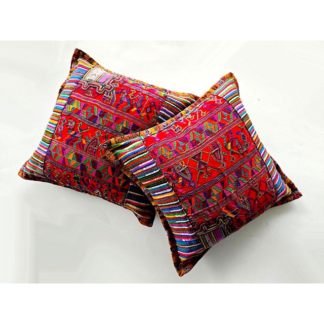 Red Vintage Patchwork Guatemalan Textile Pillows, a Pair For Sale - Image 8 of 15