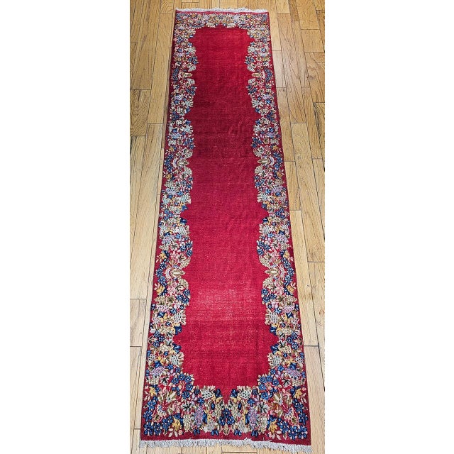Textile Vintage Persian Kerman Runner Rug, Hand-Knotted Wool, Floral Design, Red & Yellow, 3x13 For Sale - Image 7 of 15