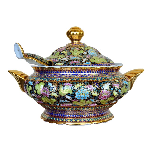 Thai Benjarong Porcelain Soup Tureen & Ladle Set With Hand-Painted Floral Decorations For Sale
