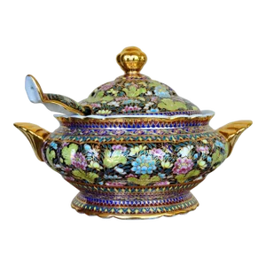 Thai Benjarong Porcelain Soup Tureen & Ladle Set With Hand-Painted Floral Decorations