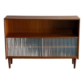 Vintage Danish Modern Teak Cabinet Glass Door Bookcase Media Console For Sale