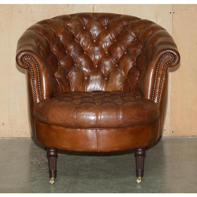 Hand-Dyed Brown Leather Chesterfield Club Tub Barrel Armchair with Brass Castors For Sale - Image 3 of 18
