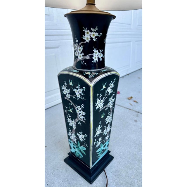 Ceramic Antique Large Chinese Famille Noire Square Porcelain Vase Table Lamp 36" For Sale - Image 7 of 18