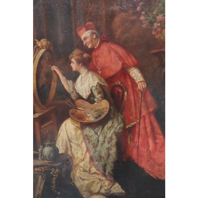 Italian School Artist, Young Woman Painter with Cardinal, Oil Painting on Cardboard, 19th Century, Framed For Sale - Image 3 of 17