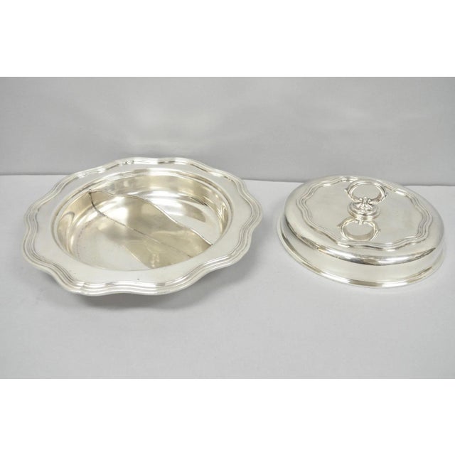 Vintage Sheffield Round Scalloped Silver Plated Covered Divided Serving Dish For Sale - Image 11 of 16
