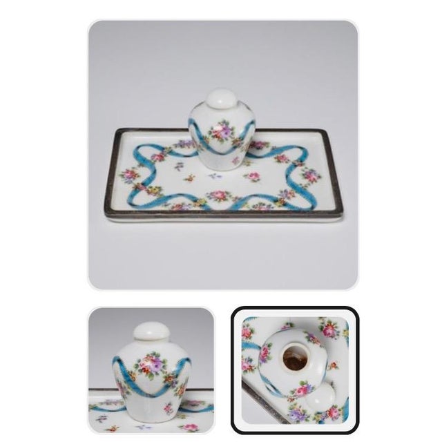 Vintage St. Yves Paris Porcelain and Silver-Plate Inkwell Set With Tray For Sale - Image 6 of 14