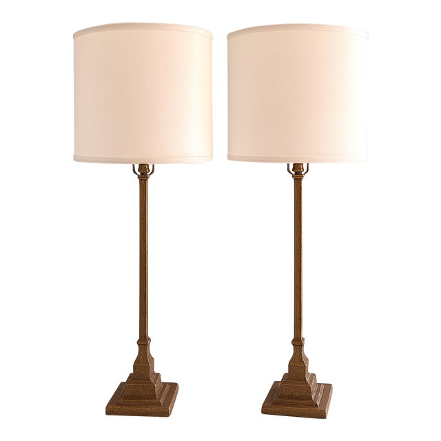 Palecek Ridge Lamps, Hollywood Regency - Original Lamp Shades, Harps & Finials - A Pair For Sale