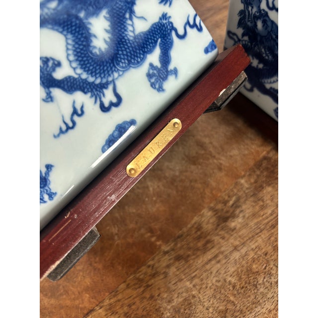 Chinoiserie Contemporary Ralph Lauren Blue and White Petite Square Lamps With Dragon Design and Square Fabric Shades, a Pair For Sale - Image 3 of 8