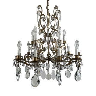 Chandelier in Gilded Iron and Crystals, 1950s For Sale