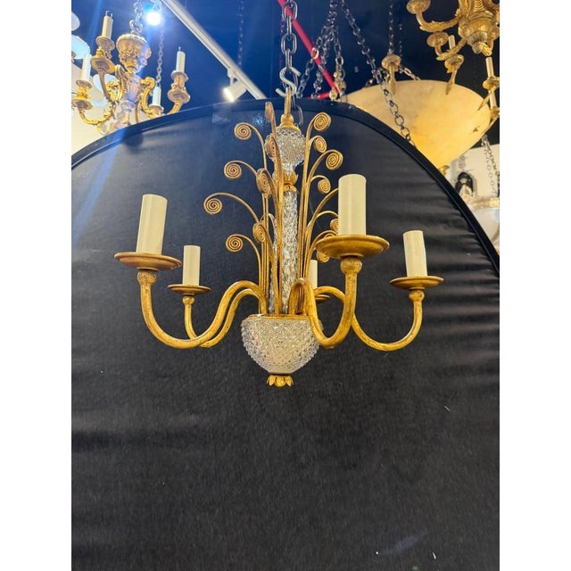 1930 French Gilt Metal and Crystal Chandelier 5 Lights For Sale - Image 4 of 5