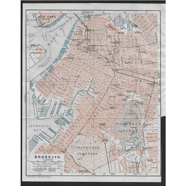 Brooklyn New York fold out map showing Prospect Park, Greenwood Cemetery, Gowanus Bay, Governor's Island, East River, Red...