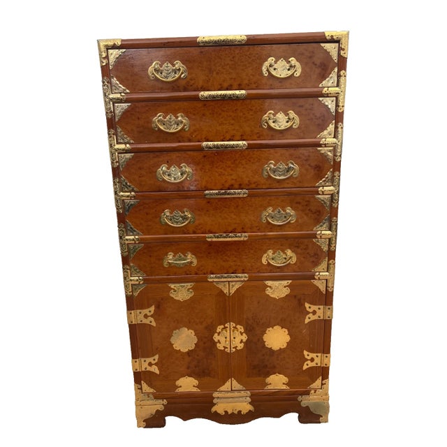 Gorgeous Vintage Korean Elm Burl Brass Bound Bandaji Scholars Chest Wedding Cabinet Felt Lingerie Dresser, Jewelry Chest...