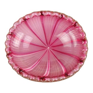 Vintage Murano Mid Century Pink Aventurine Ribbons Gold Flecks Italian Art Glass Scalloped Rim Bowl For Sale