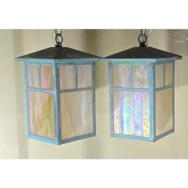 1970s Arts & Crafts Brass Lantern Pendant Light With Art Glass For Sale - Image 5 of 12