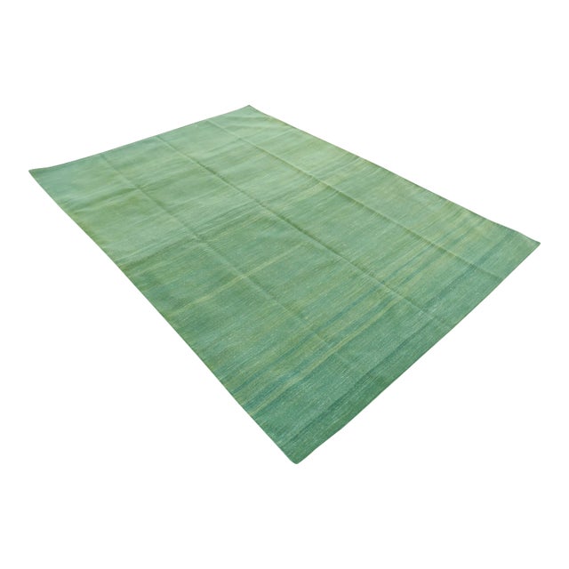 Handmade Cotton Vegetable Dyed Reversible Solid Forest Green Rug Dhurrie - 6'x9' For Sale