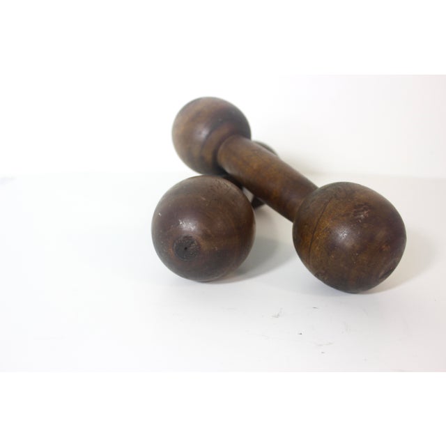 Vintage Wood Hand Weights or Dumbbells Set of Two Sports Equipment Memorabilia Dumb Bells For Sale - Image 10 of 12