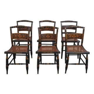 Set of 6 Hitchcock Antique Black & Gold Cane Seat Side Chairs For Sale