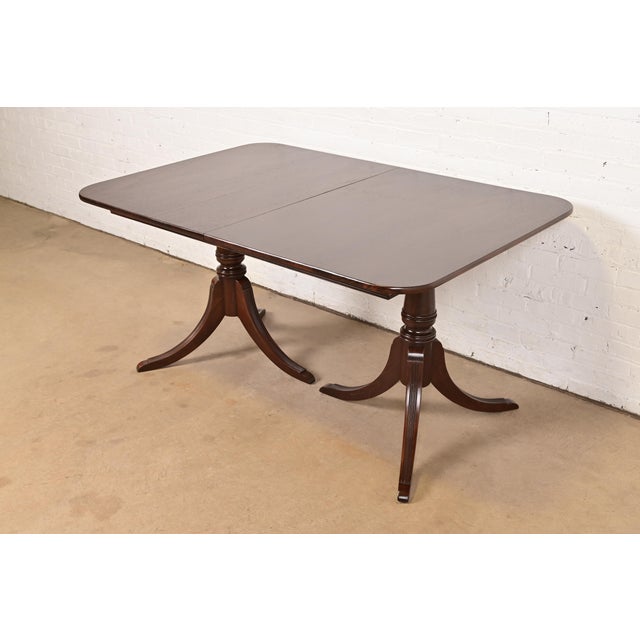 Wood Baker Furniture Style Georgian Mahogany Double Pedestal Extension Dining Table, Newly Refinished For Sale - Image 7 of 13