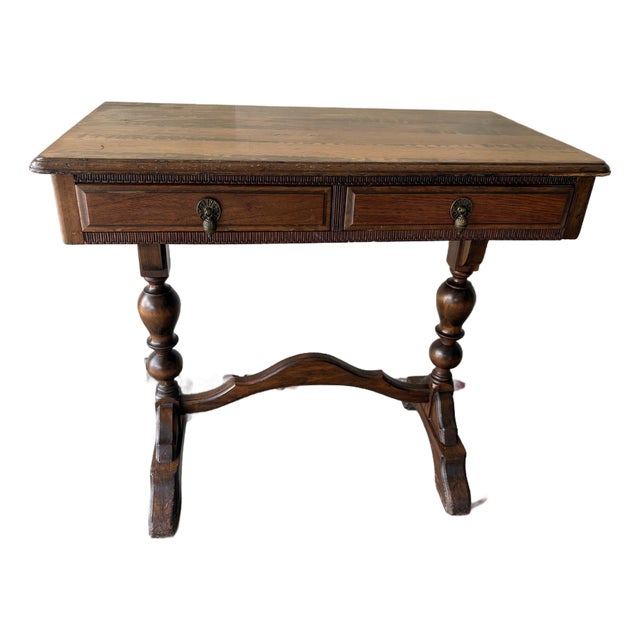 Antique Writing Table / Console With Turned Legs & Brass Pulls For Sale