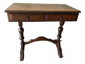Antique Writing Table / Console With Turned Legs & Brass Pulls