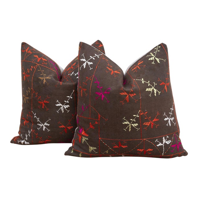 Obsidian Bloom, Set of 2 Antique Phulkari Pillow Covers For Sale