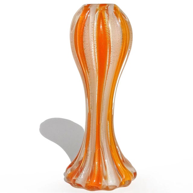 Murano Murano Salviati Barbini 1950s Vintage Orange White Gold Flecks Italian Art Glass Flower Vase For Sale - Image 4 of 6