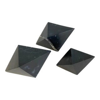 Vintage Post Modern Black Marble Diamond Sculpture Bookends Set of 3 For Sale