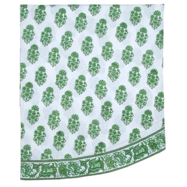 Riya Green Round Tablecloth, 90-Inch For Sale - Image 6 of 7