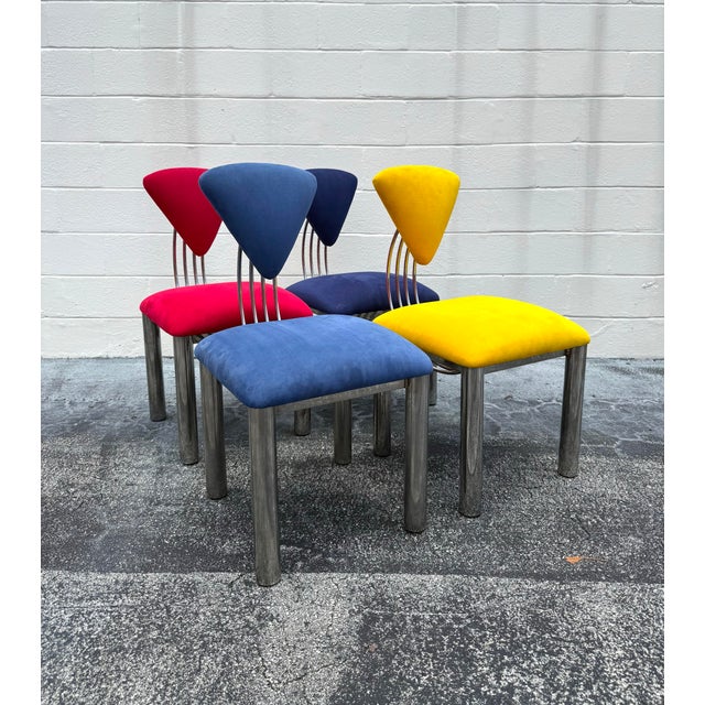 Mid-Century Modern Mid 20th Century Suede Ettore Sottsass Memphis Style Chairs - Set of 4 For Sale - Image 3 of 8