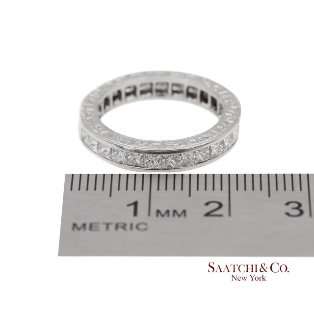Platinum 950 All Around Natural Diamond Princess Cut Engraving Band Ring, Size 6 For Sale In New York - Image 6 of 7