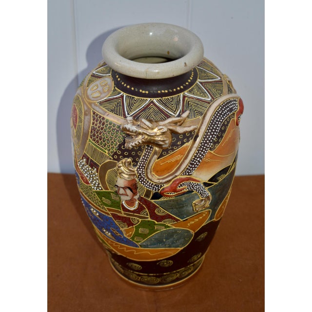 Vintage Japanese Satsuma Moriage Vase Kannon Goddess & Rakan Dragon For Sale - Image 9 of 14