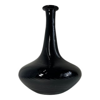 11 In. Tall Murano Art Glass Black Spiral Textural Swirl Vase For Sale