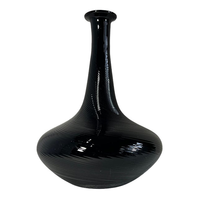 11 In. Tall Murano Art Glass Black Spiral Textural Swirl Vase For Sale