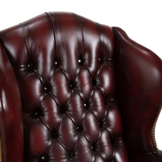 Brown and Red Leather and Wood Chesterfield Armchair For Sale - Image 4 of 15