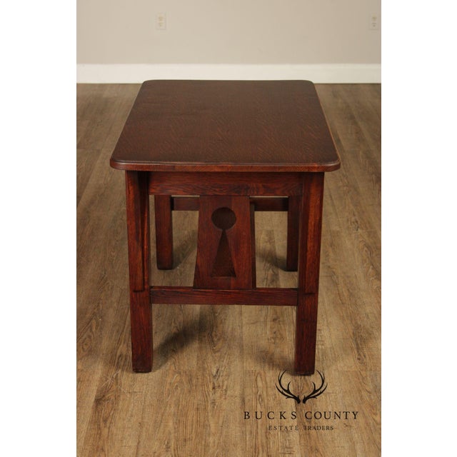 Brown Antique Mission Oak Arts & Crafts Writing Desk With Drawer And Cutout Sides For Sale - Image 8 of 18
