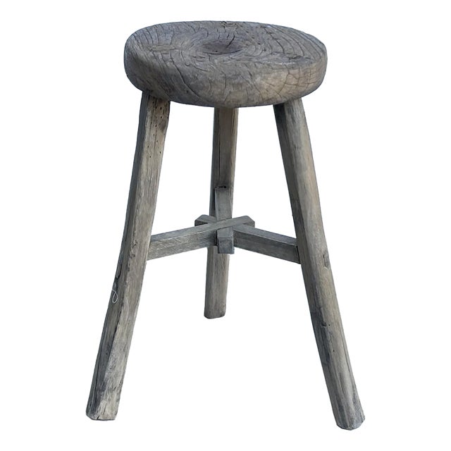 Rustic Raw Rough Wood Grain Round Top Tri-Legs Stool Side Table For Sale