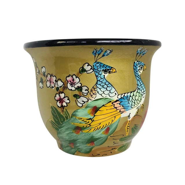 Vintage Chinoiserie Ceramic Painted Cachepot With Peacocks Birds Pattern For Sale - Image 10 of 10