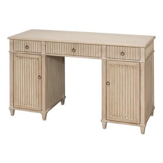 Reeded Pine Pedestal Desk in Stone Grey For Sale