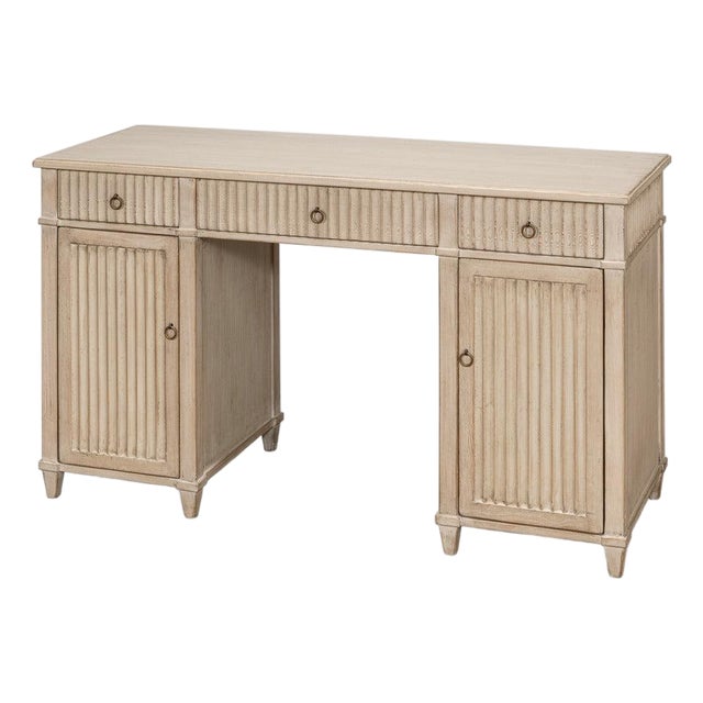Reeded Pine Pedestal Desk in Stone Grey For Sale